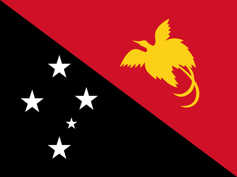 Flag of Papua New Guinea - Description: Adopted on July 1, 1971, it is divided diagonally from upper hoist-side corner; the upper triangle is red with a soaring yellow bird of paradise centered; the lower triangle is black with five, white, five-pointed stars of the Southern Cross constellation centered.  CLICK FOR MORE DETAILS.